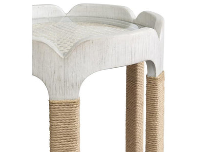 White table with a textured top and brown rope legs on a white background