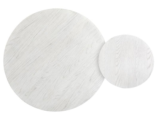 Two round white tables with textured patterns on a white background
