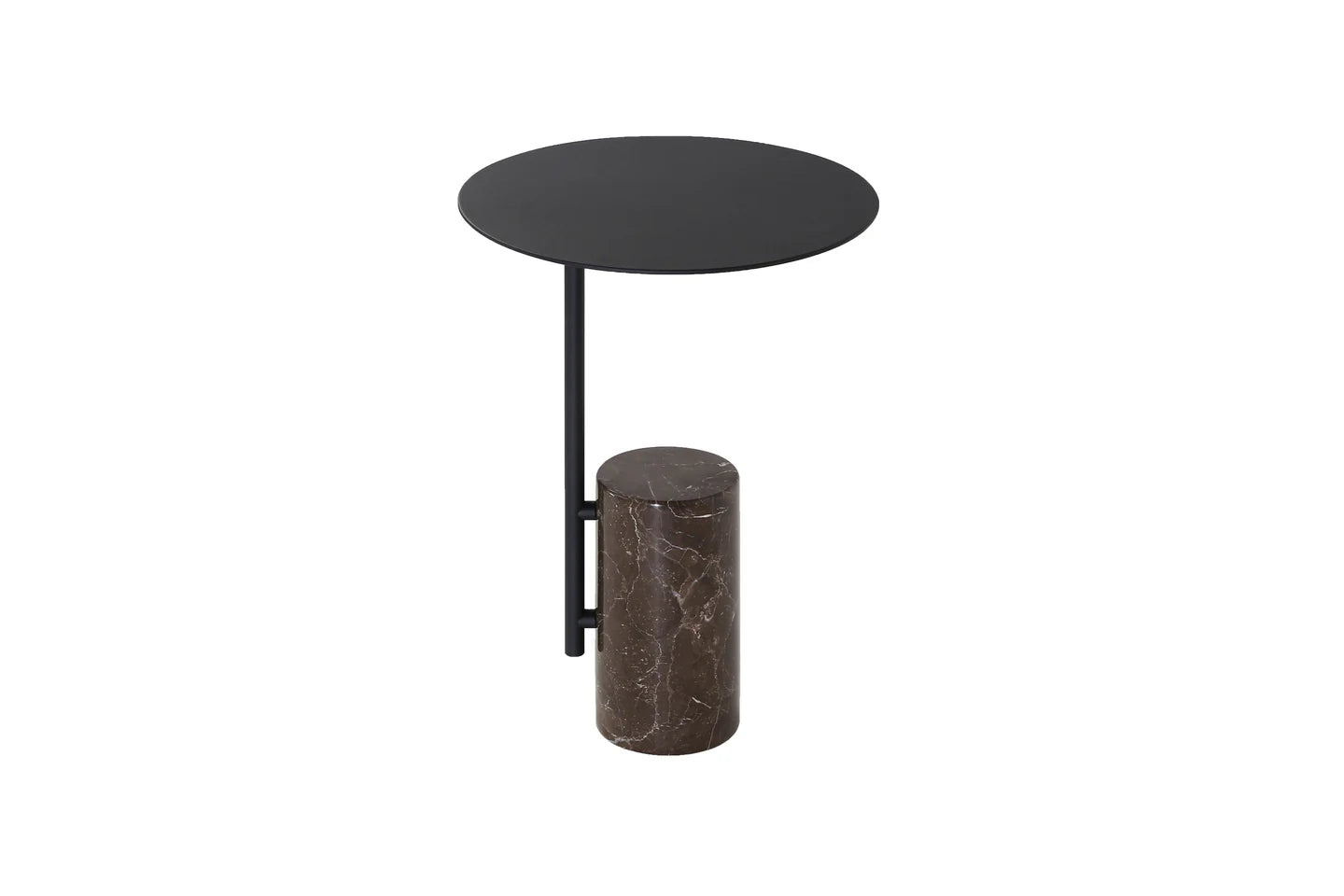 Black round side table with cylindrical marble base on a white background