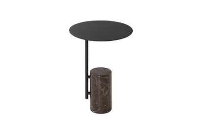 Black round side table with cylindrical marble base on a white background