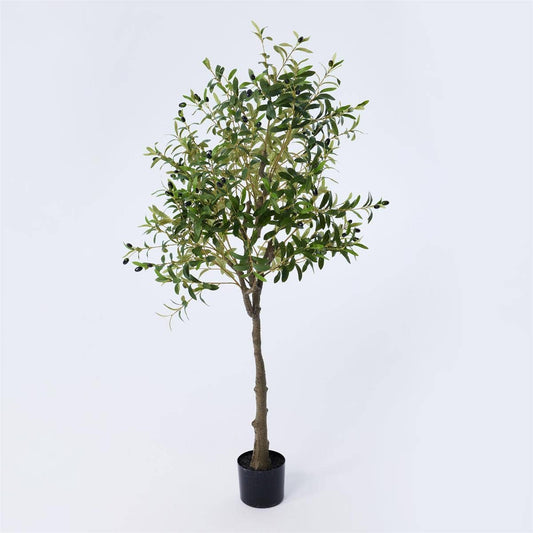 Potted artificial olive tree on a light gray background