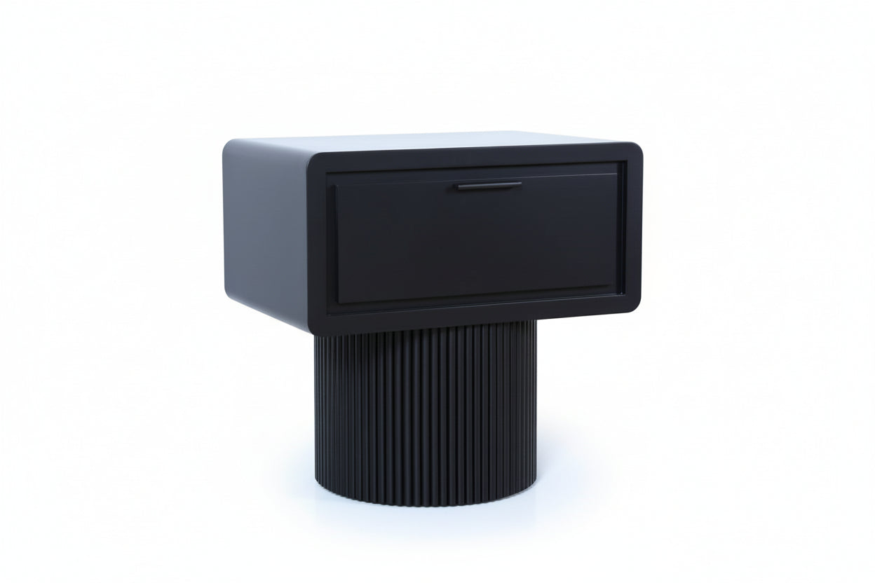 Modern black and gray side table with a drawer on a light wood floor.
