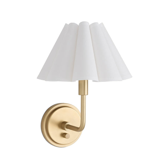 Wall-mounted lamp with white shade and gold base on a white background