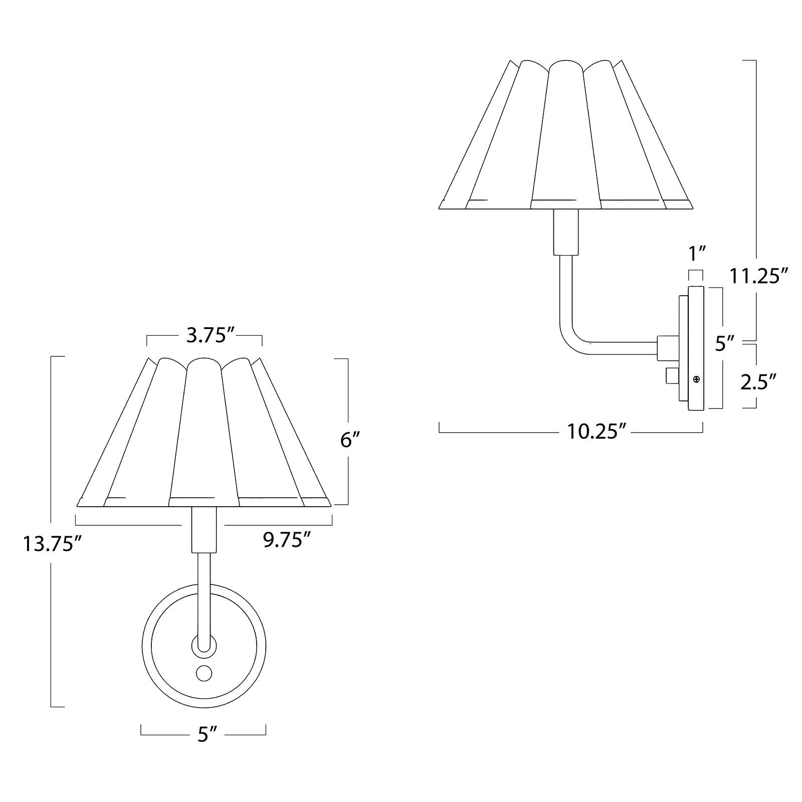 Technical drawing of a wall-mounted lamp with dimensions