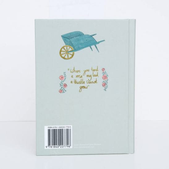 Notebook with a wheelbarrow illustration and text on a light blue background