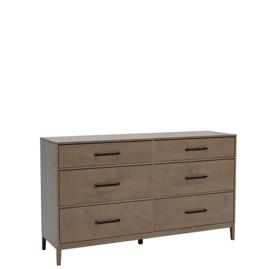 Beige dresser with six drawers on a white background