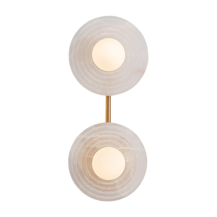 Two-layered wall sconce with marble-like finish and gold accent on a white background