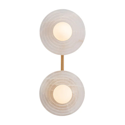 Two-layered wall sconce with marble-like finish and gold accent on a white background