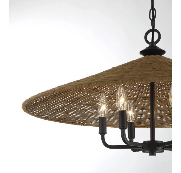 Chandelier with wicker shade and black metal fixture on a white background