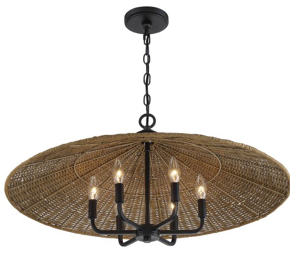 Wicker chandelier with black metal fixture on a white background