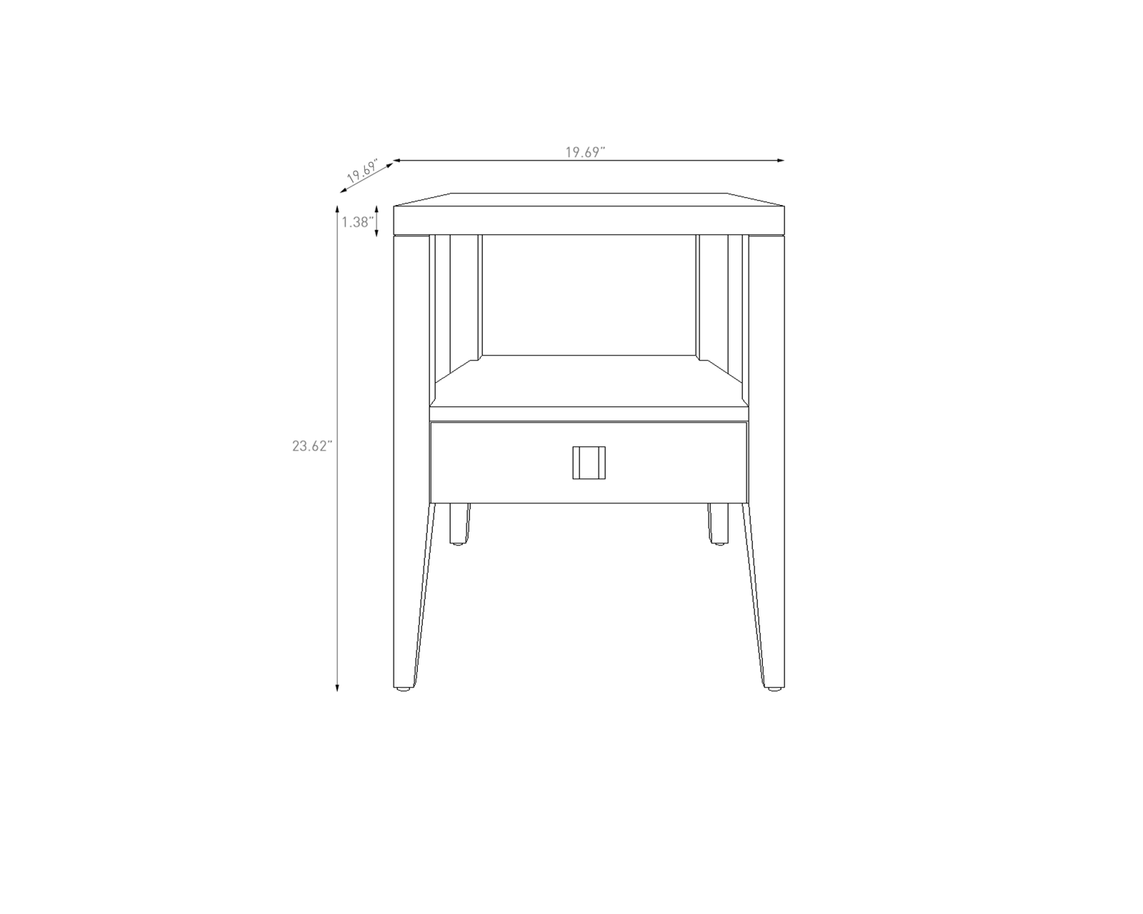 Technical drawing of a wooden nightstand with dimensions