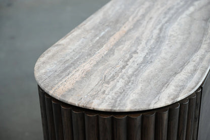 Marble-top table with metal base on a gray background