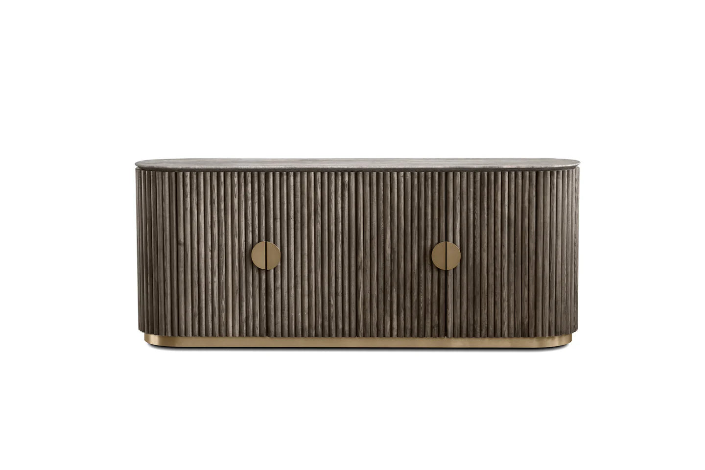 Wooden side table with two round handles on a white background