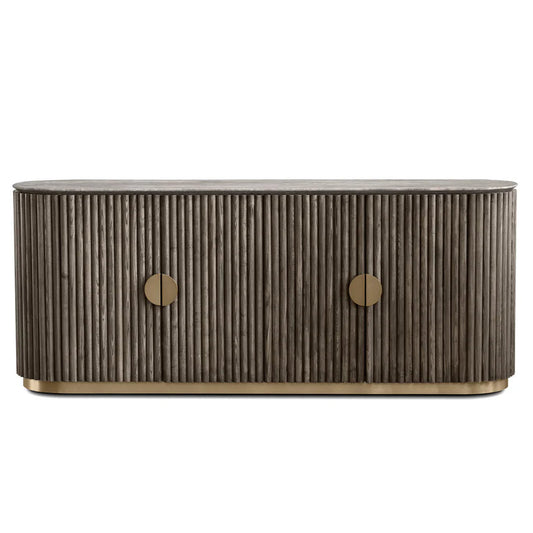 Wooden side table with two round handles on a white background