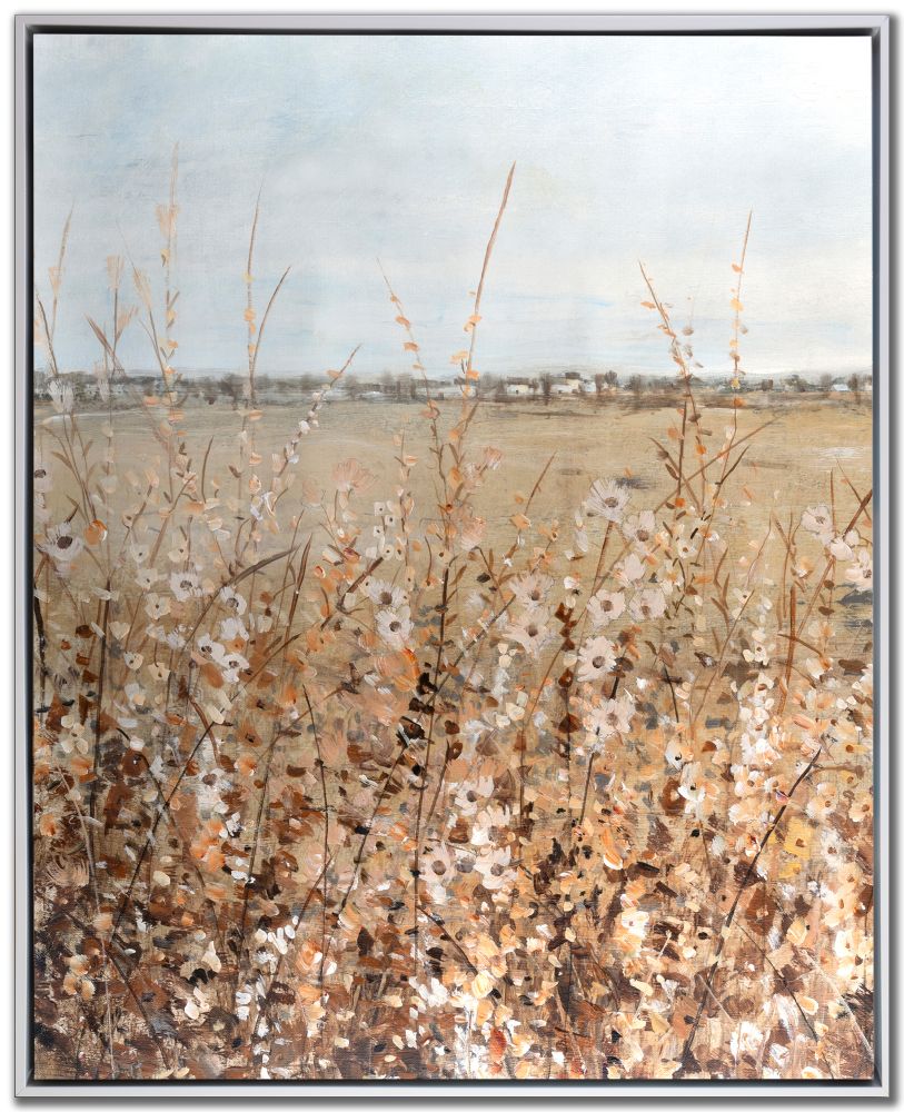 Framed artwork of a field with flowers and sky