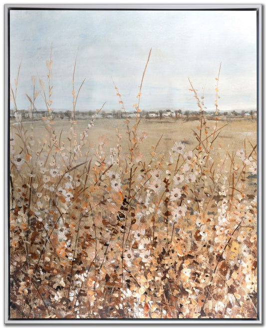 Framed artwork of a field with flowers and sky
