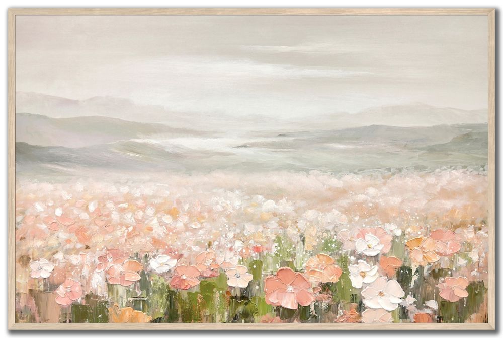 Framed artwork of a floral landscape with soft colors