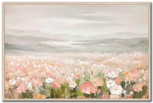 Framed artwork of a floral landscape with soft colors