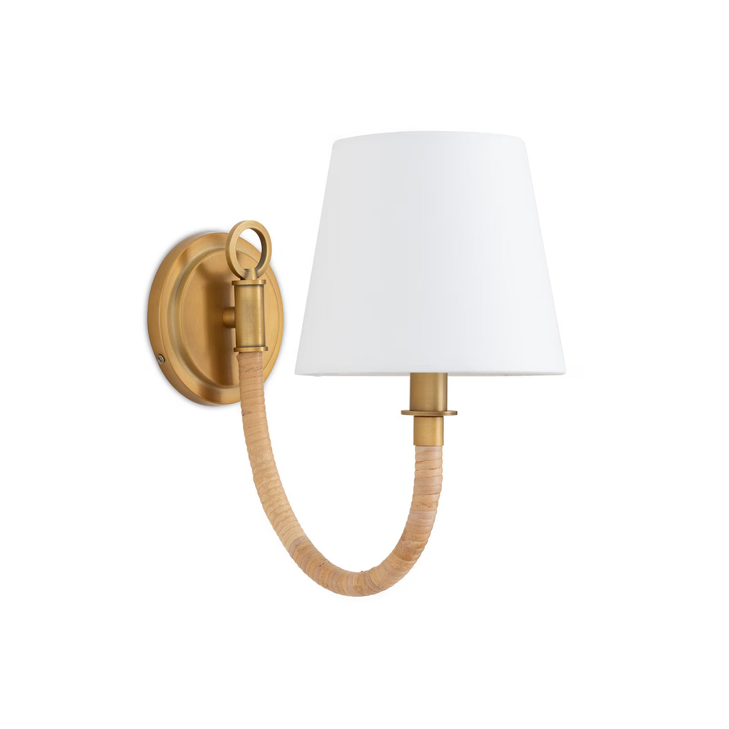 Wall-mounted lamp with white shade and gold fixture on a white background