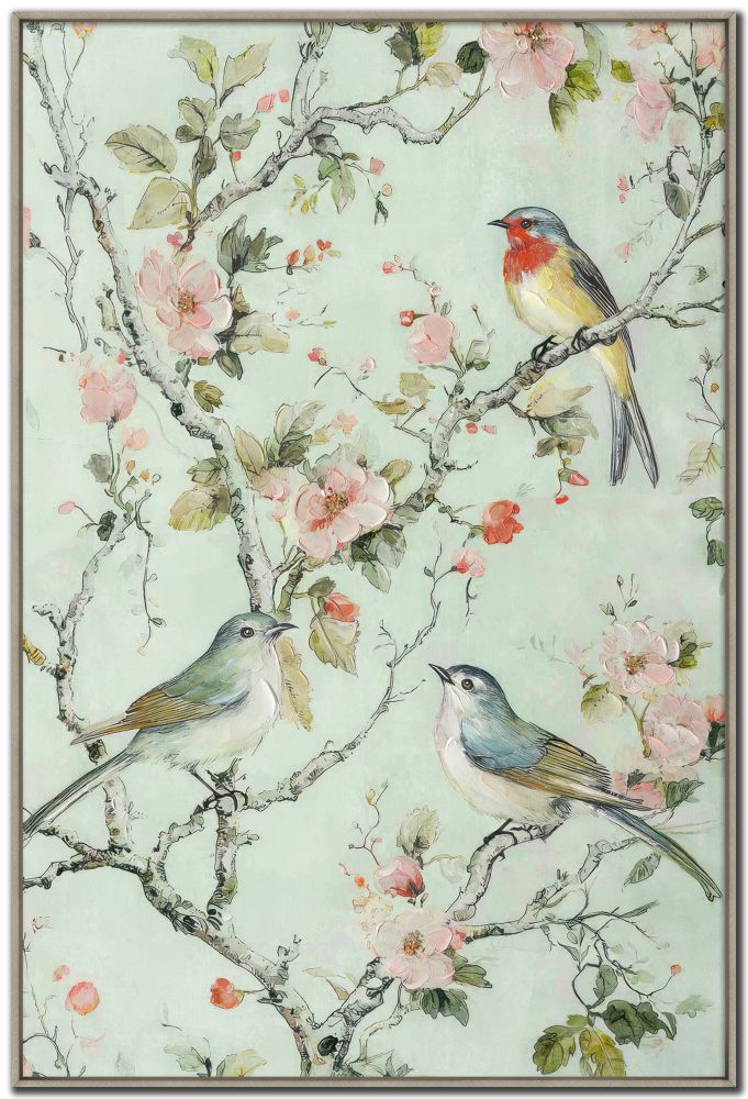 Decorative wall art with birds and flowers on a light green background
