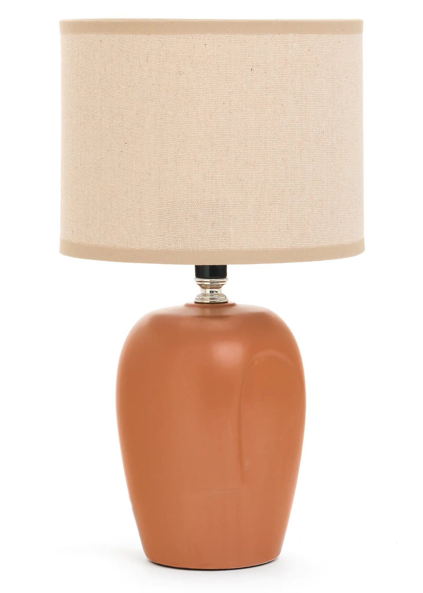 Table lamp with a terracotta base and beige lampshade on a white background