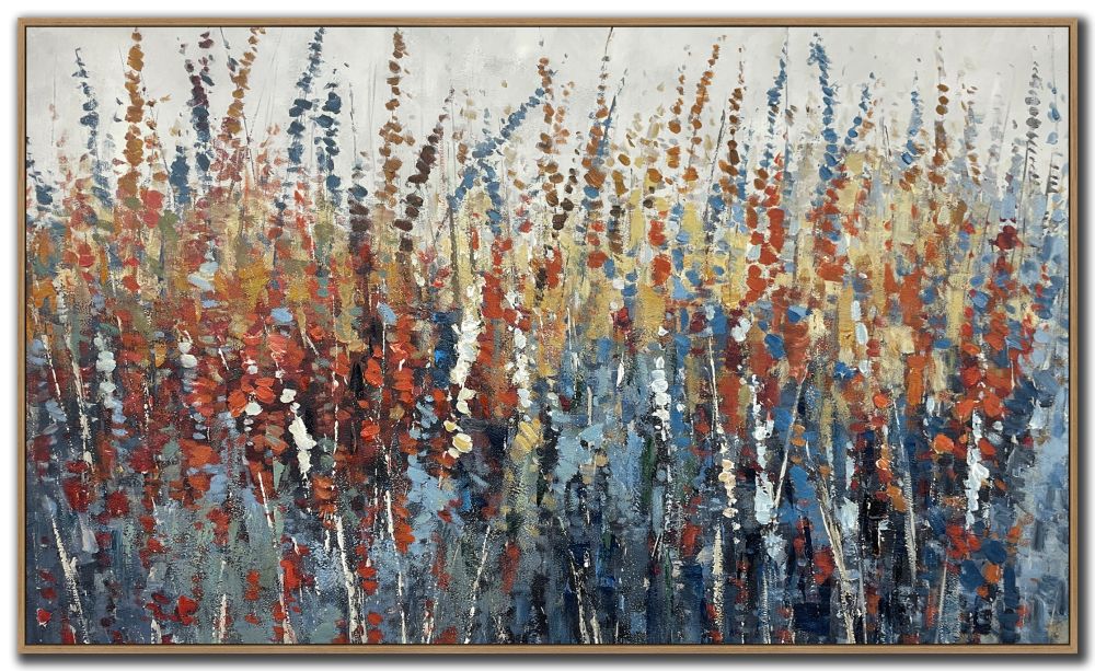 Abstract painting of tall grasses in autumn colors with a wooden frame.